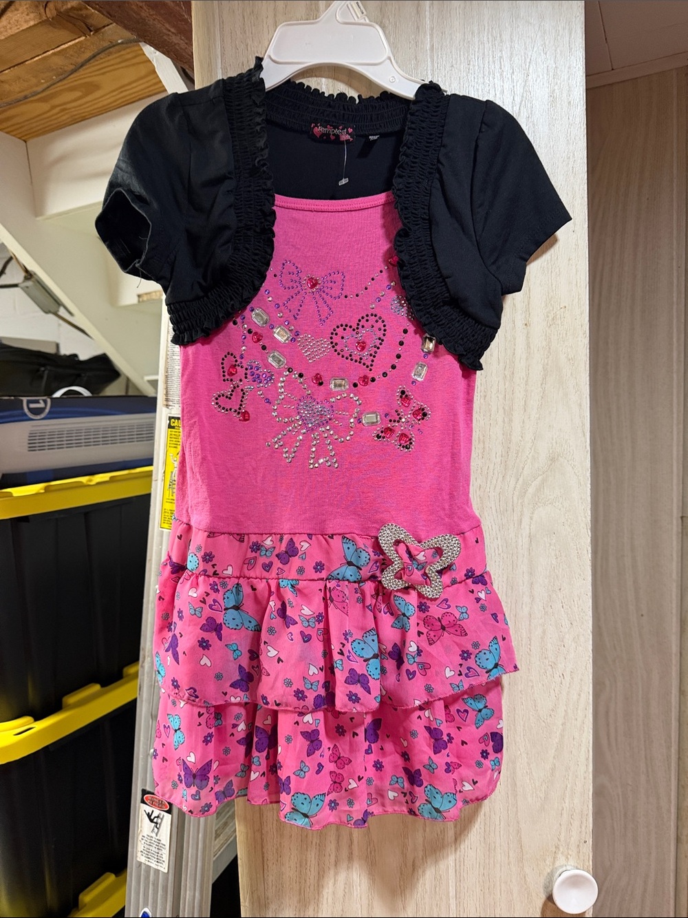 Tempted Pink Butterfly Tiered Tunic Top with Black Bolero